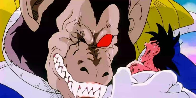 Great Ape Vegeta crushes Goku in Dragon Ball Z.