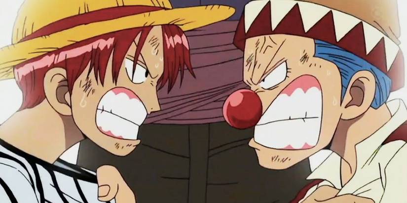 Buggy and Shanks fights as children on the Roger Pirates in One Piece