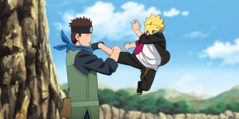 Boruto Uzumaki's kick being blocked by Konohamaru Sarutobi