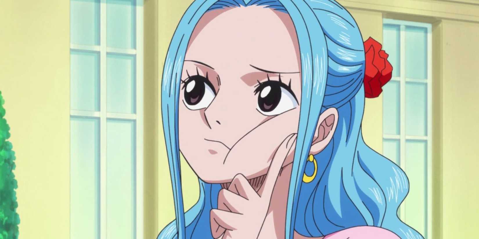 Nefertari Vivi réfléchit avec son doigt sur sa joue dans One Piece