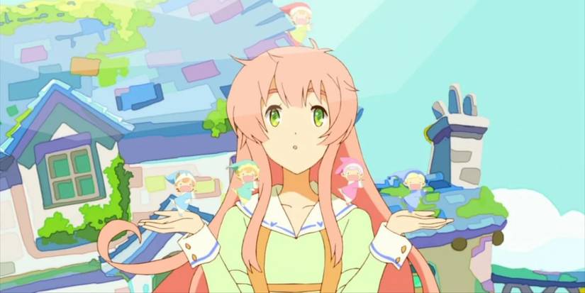 Ms. Sweets holds up five fairies in front of a house in Humanity Has Declined