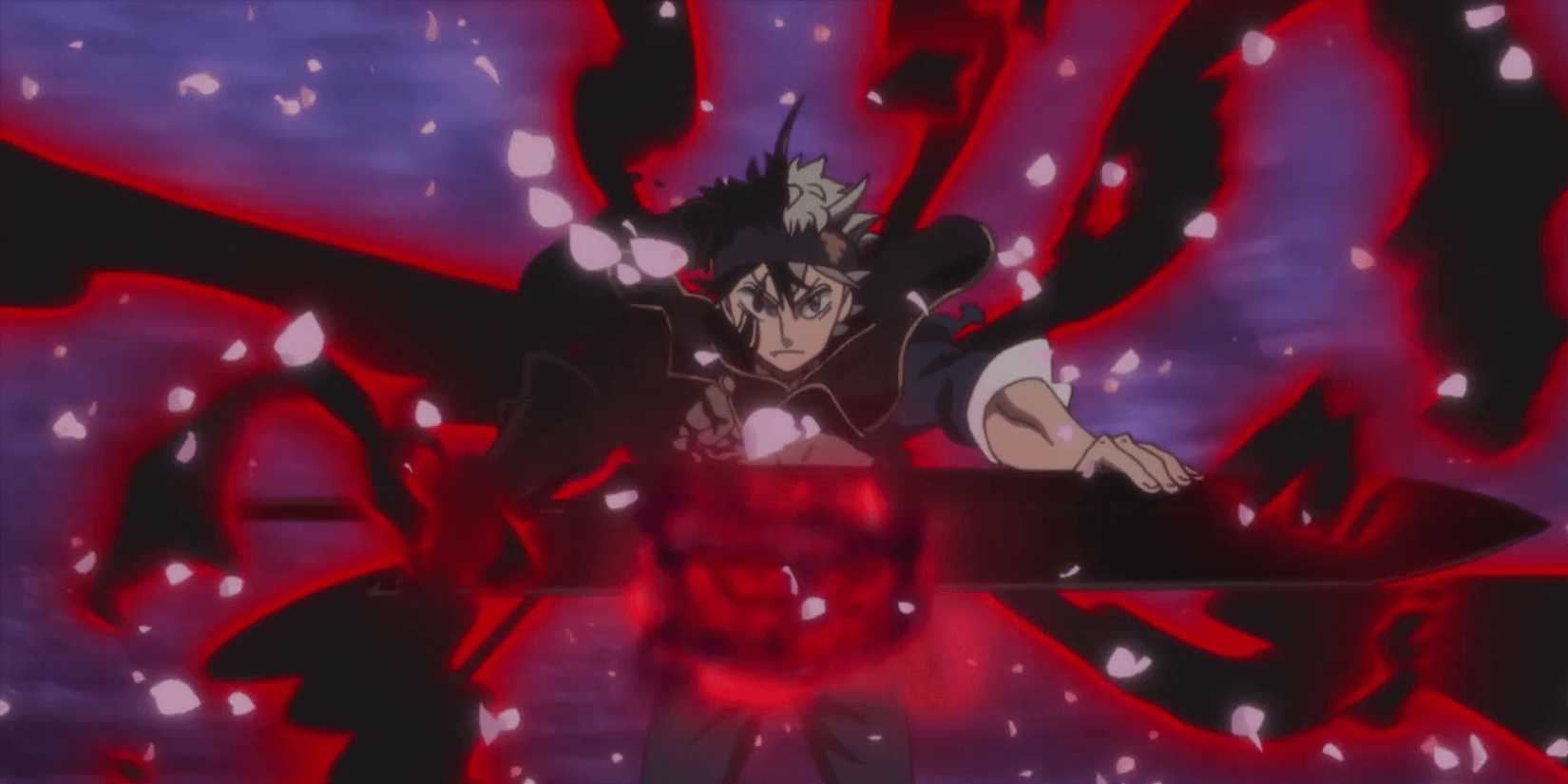 Black Clover's Asta channeling his red-black Ki through his sword.