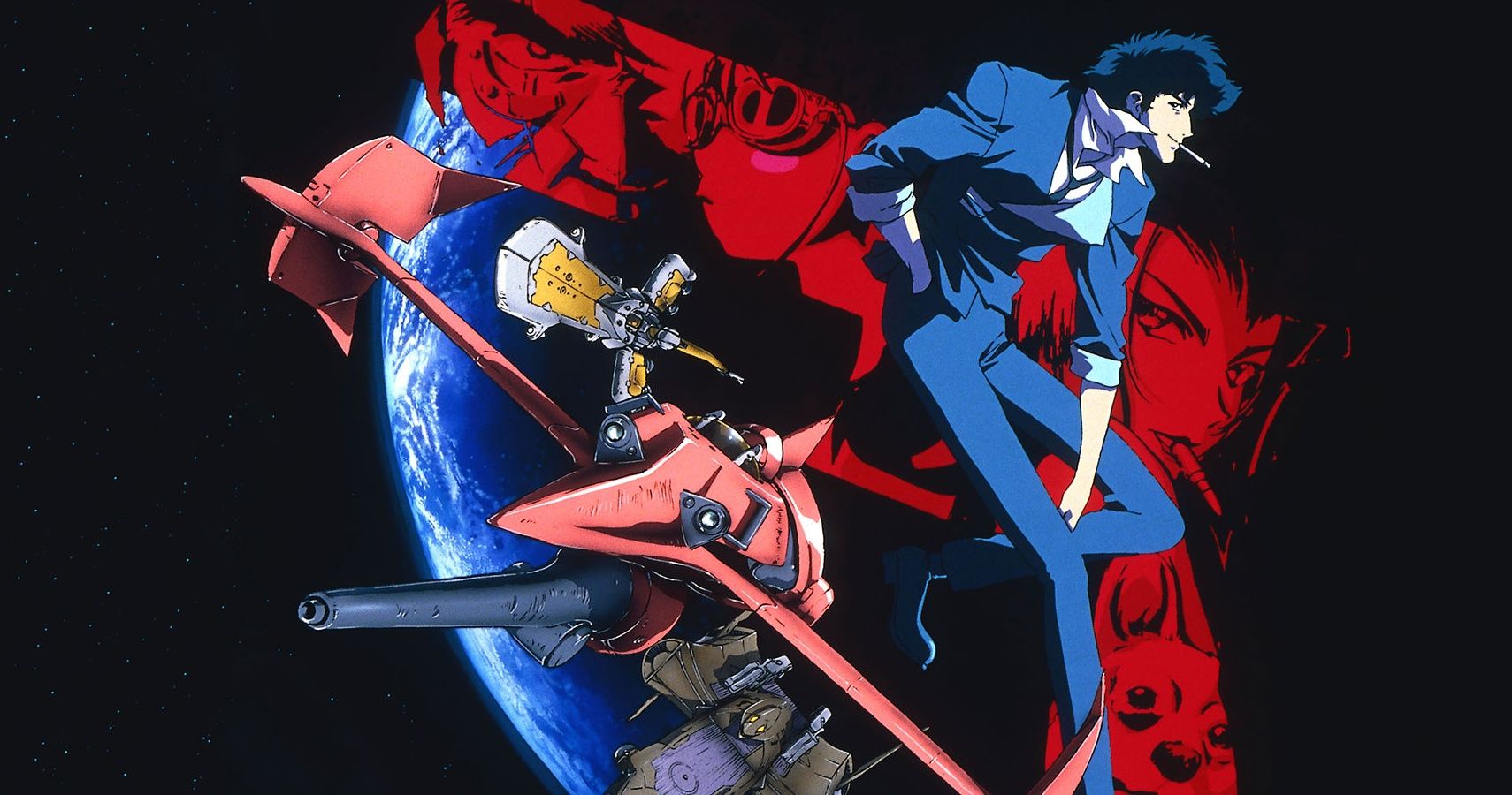The main characters of Cowboy Bebop, including Spike Spiegel, Jet Black, Faye Valentine, Ed, and Ein, are set atop a picture of Earth from space.