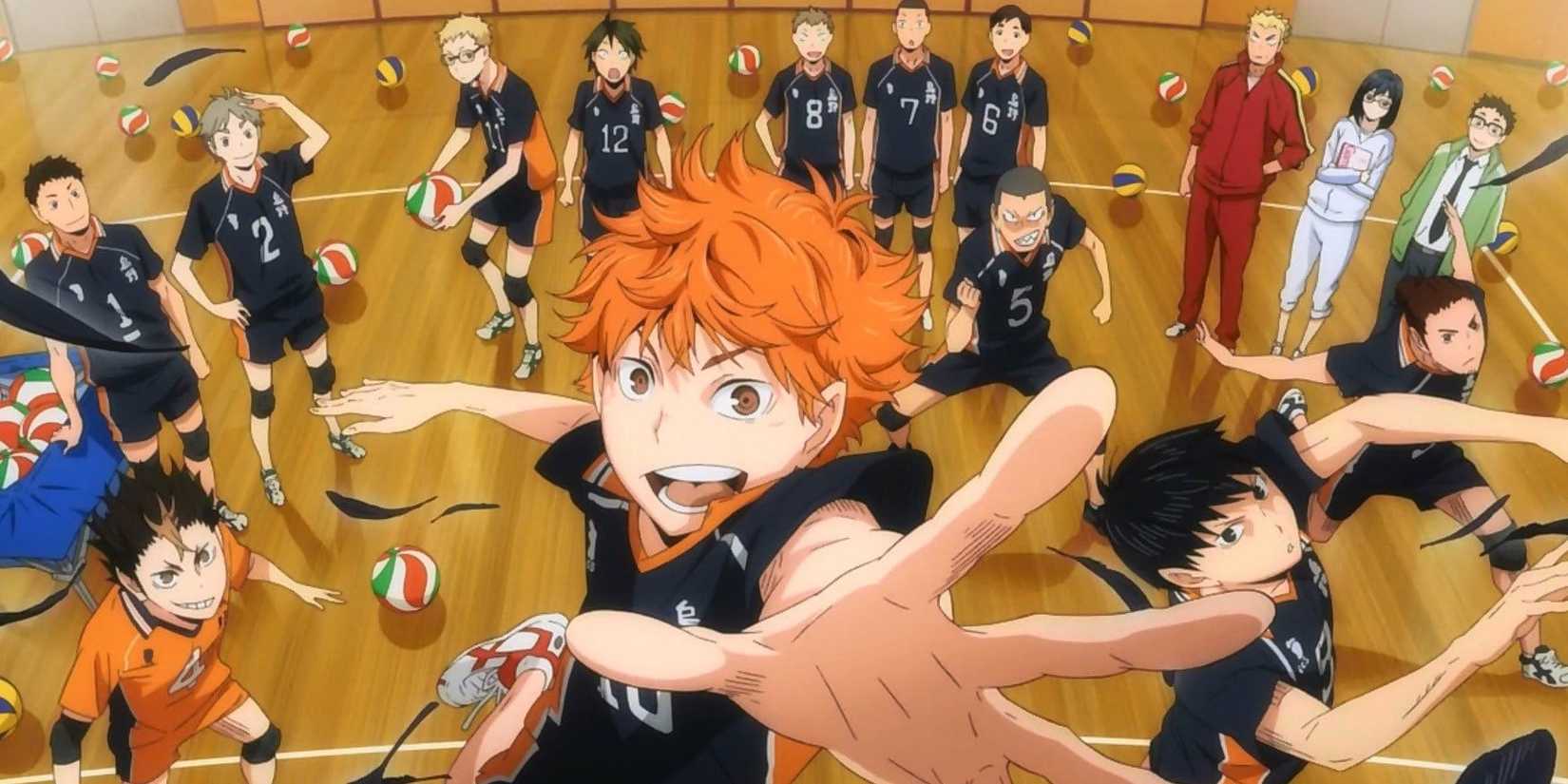 Shoyo Hinata and his team jump into action on the volleyball court in Haikyu!!