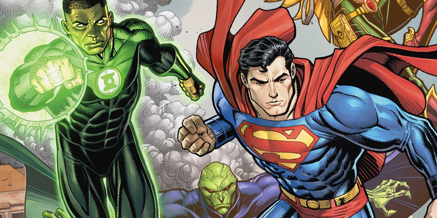 Liga da Justiça da DC Comics apresentando Superman e Lanterna Verde John Stewart na frente e no centro