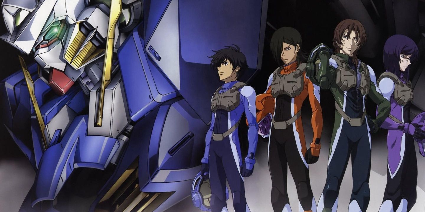 Celestial Being's mobile suit pilots pose with their mecha in Mobile Suit Gundam 00.