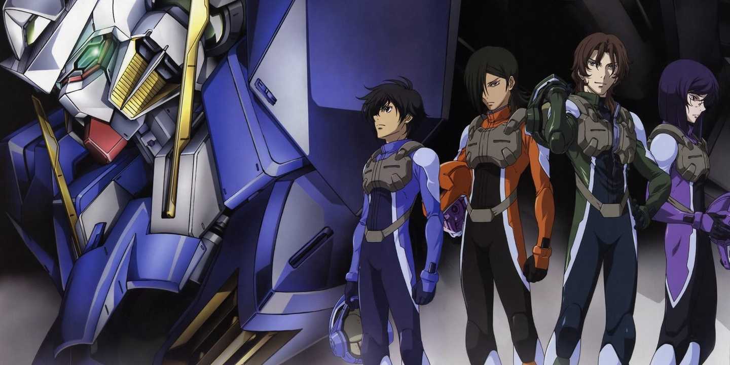 Celestial Being's mobile suit pilots pose with their mecha in Mobile Suit Gundam 00.