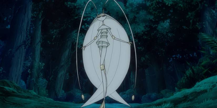 Pheromosa standing in a forest in the Pokémon anime.
