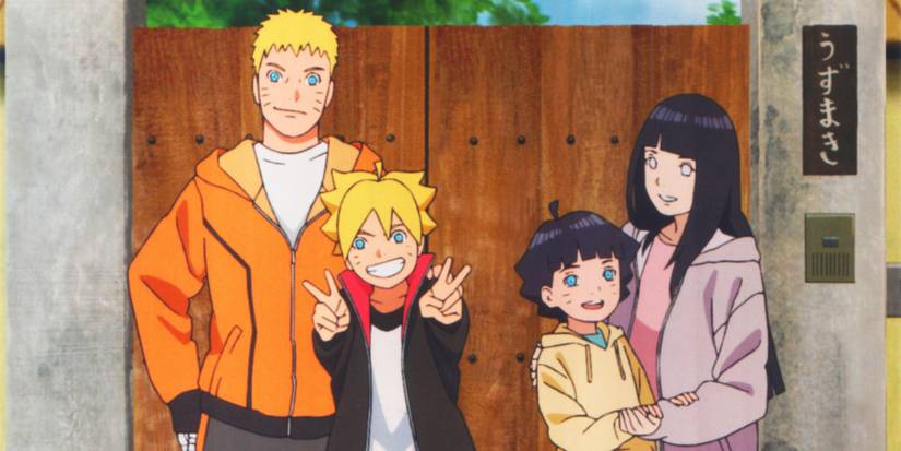 The Uzumaki family, featuring Naruto, Boruto, Himawari, and Hinata, standing in front of a fence