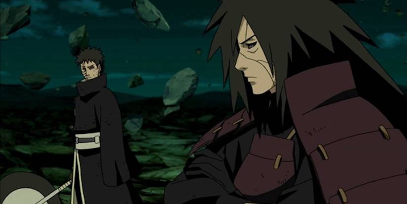 Obito and Madara Uchiha are on the battlefield during the Fourth Shinobi World War in Naruto Shippuden.