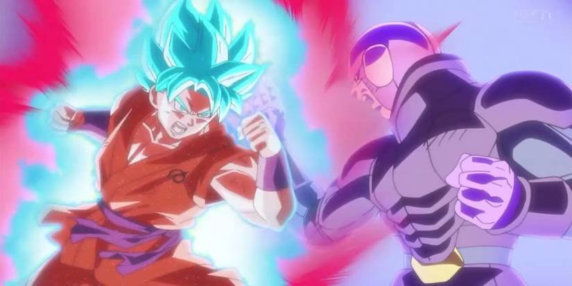 Goku and Hit are fighting during the Tournament of Destroyers in Dragon Ball Super.