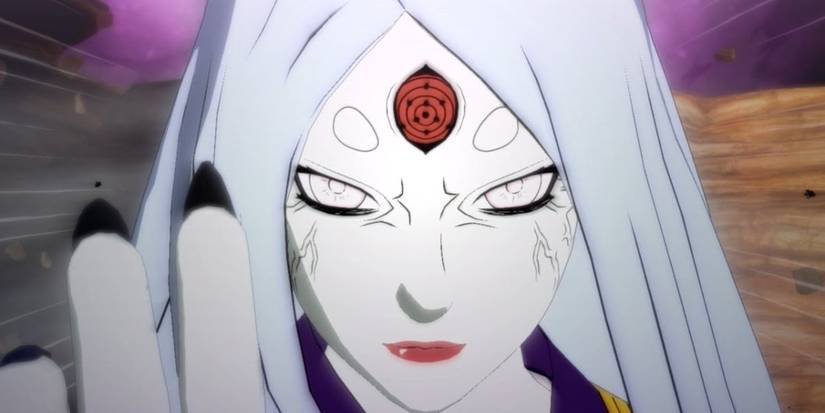 Kaguya Otsutsuki holding her palm up with a fierce expression