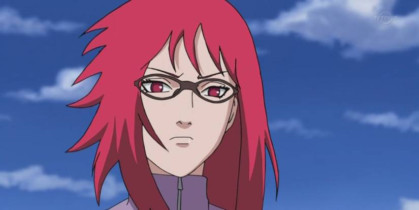 Karin Uzumaki frowns against the background of a cloudy blue sky in Naruto
