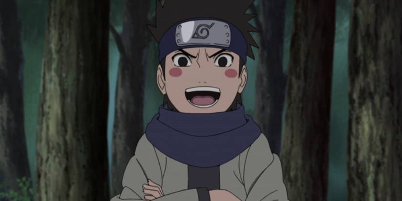 Konohamaru laughing with a forest backdrop in Naruto