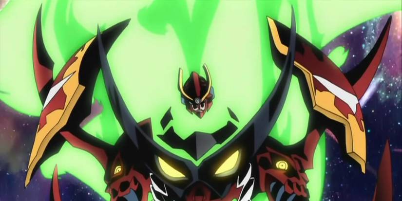 demonbane mecha in space with green fire coming out of it