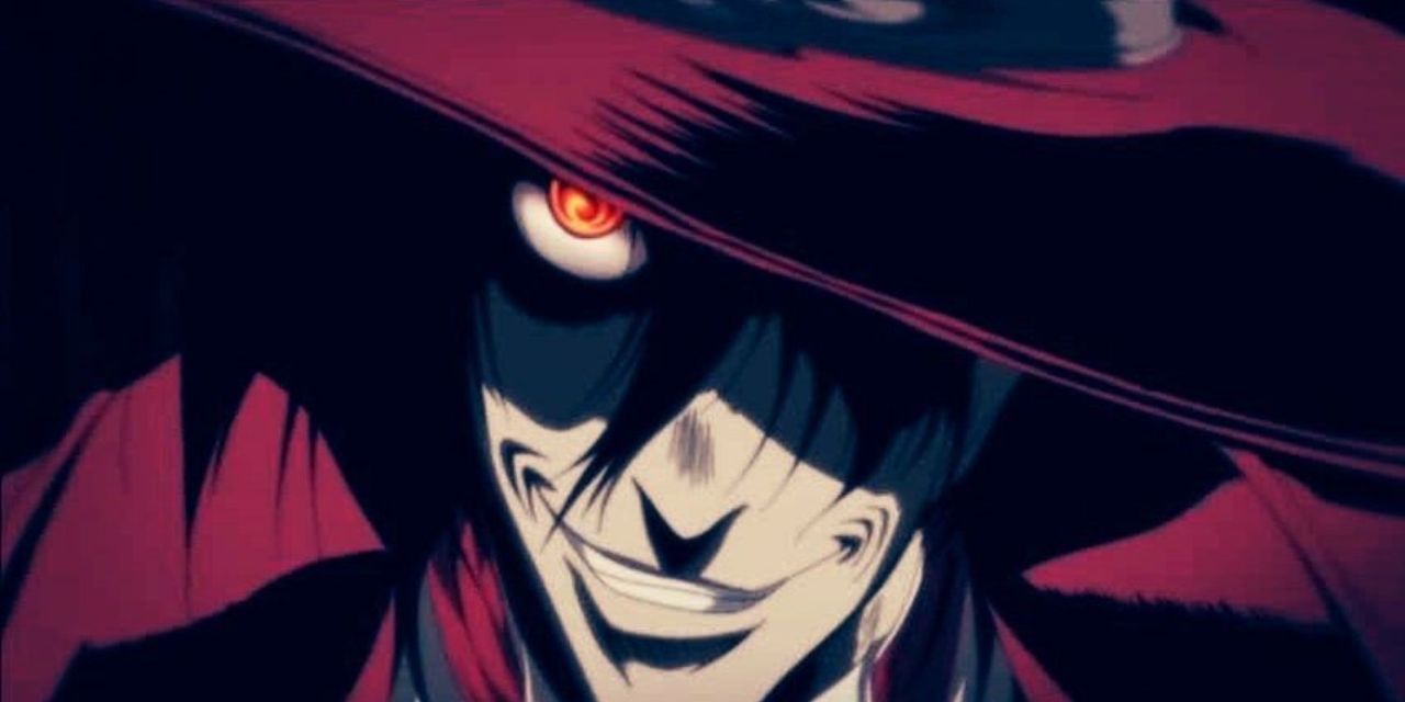 Alucard smiling under the brim of his hat in Hellsing Ultimate