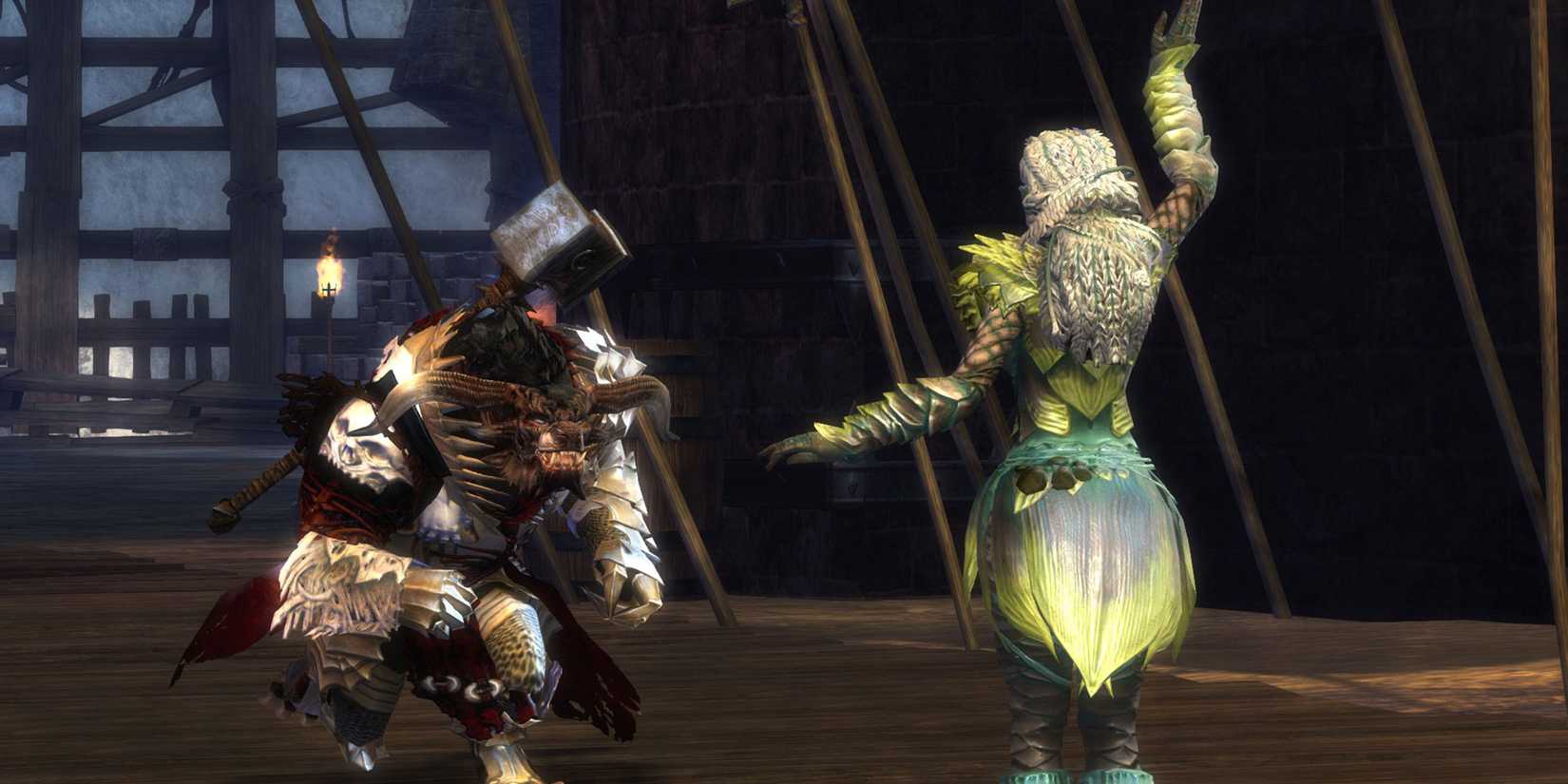 Two different player characters waving at each other using emotes in a city in Guild Wars 2