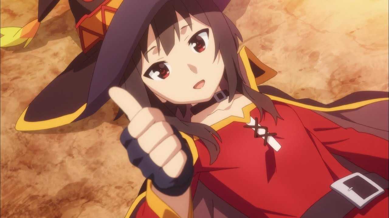 megumin is giving the thumbs up while laying down