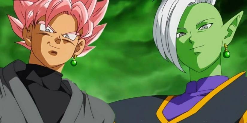 Goku Black and Zamasu smirk together in Dragon Ball Super.