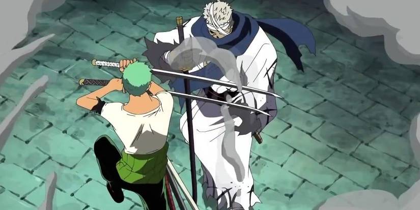 The zombie of Ryuma Shimotsuki blocking Roronoa Zoro's attack in One Piece's Thriller Bark Arc