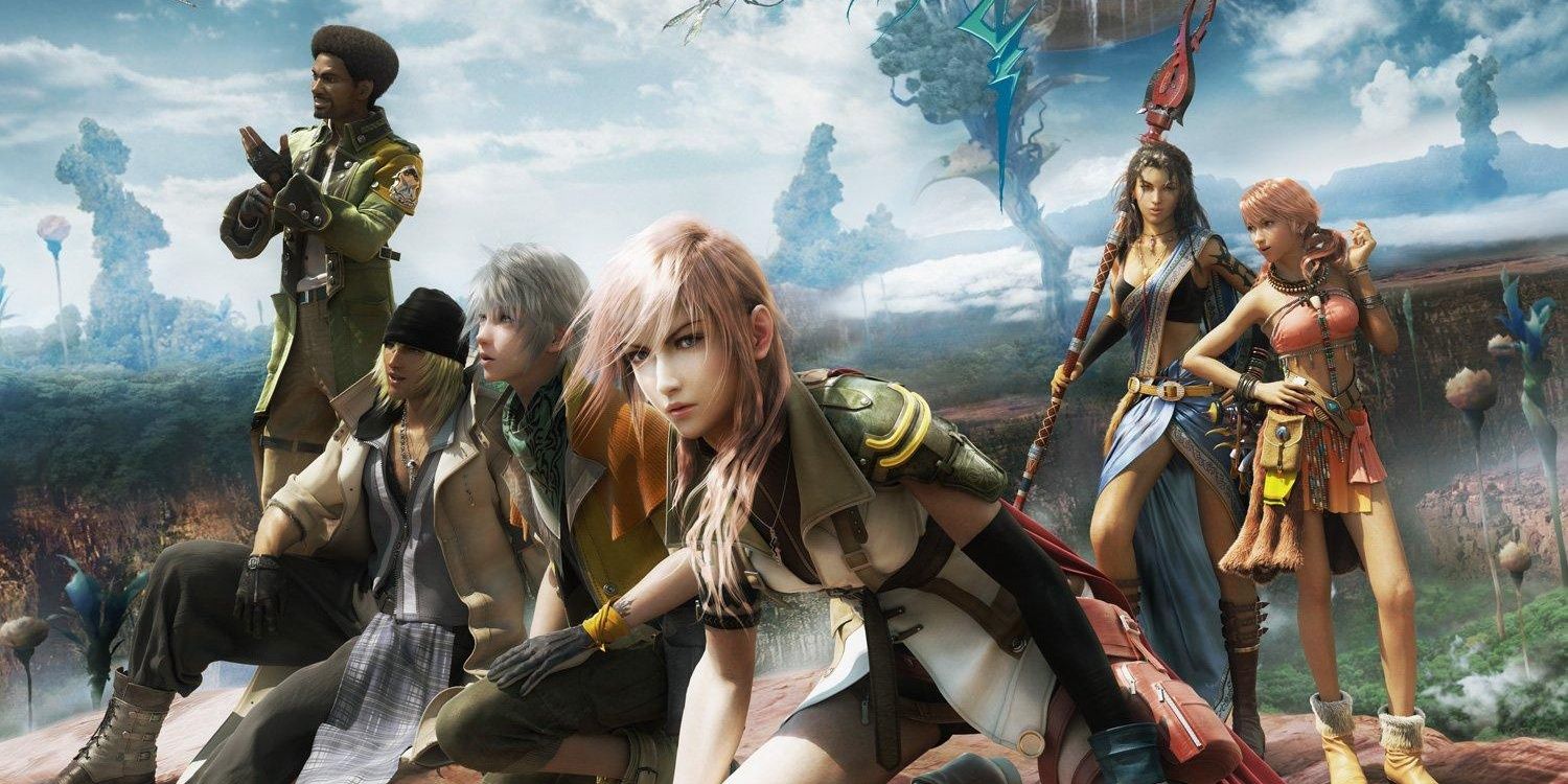 Relâmpago liderando o elenco principal de Final Fantasy XIII na arte principal.