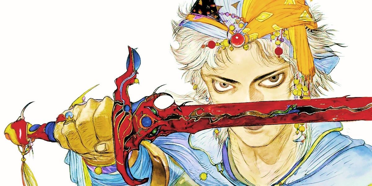 Kan Kılıcı'nı tutan ateşli. Yoshitaka Amano'nun Final Fantasy II'nin kutusu sanatı. 