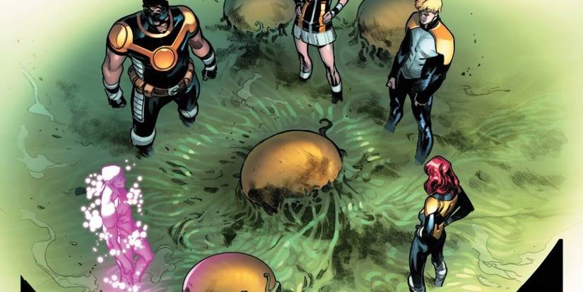 The Five  - Proteus, Egg, Tempus, Elixir, and Hope Summers - standing around a Krakoan egg.