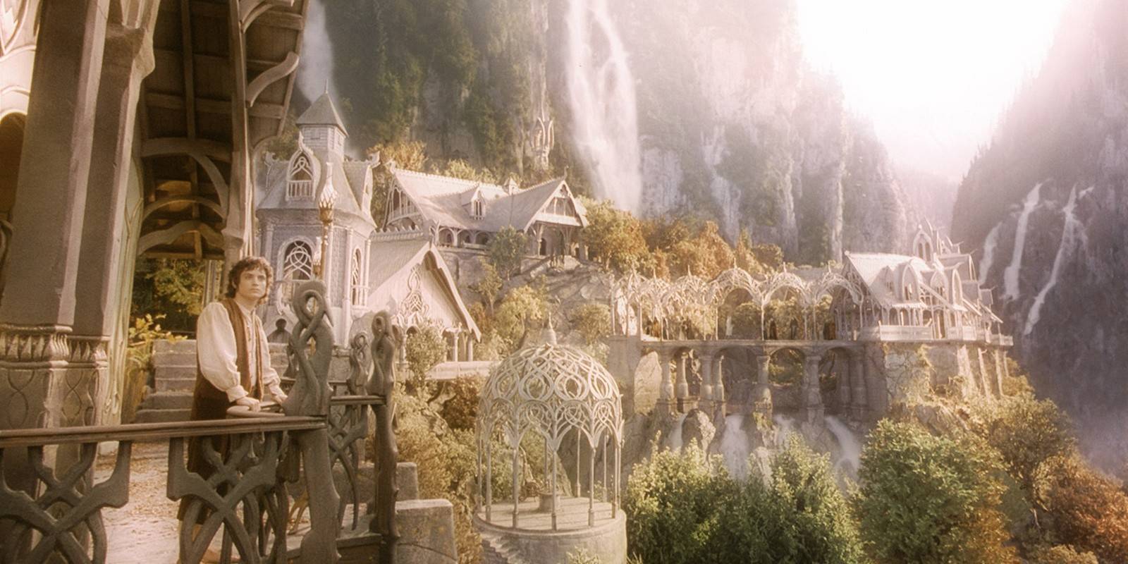 Frodo Baggins standing on a balcony in Rivendell in The Lord of the Rings: The Fellowship of the Ring.