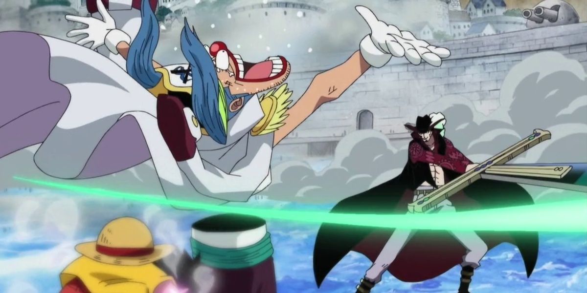 One Piece's Buggy Avoiding an Attack From Mihawk with the Chop-Chop Fruit