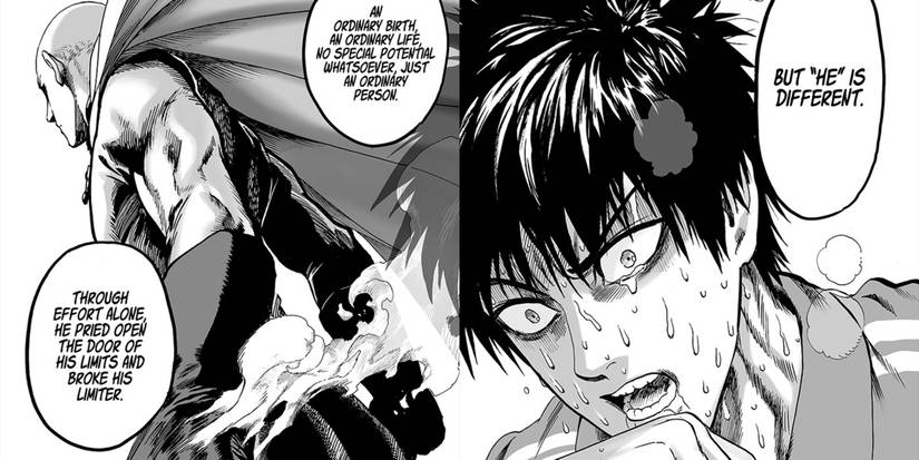 Saitama standing tall with his cape blowing over his shoulder with text bubbles praising the effort it took to break his limiter.