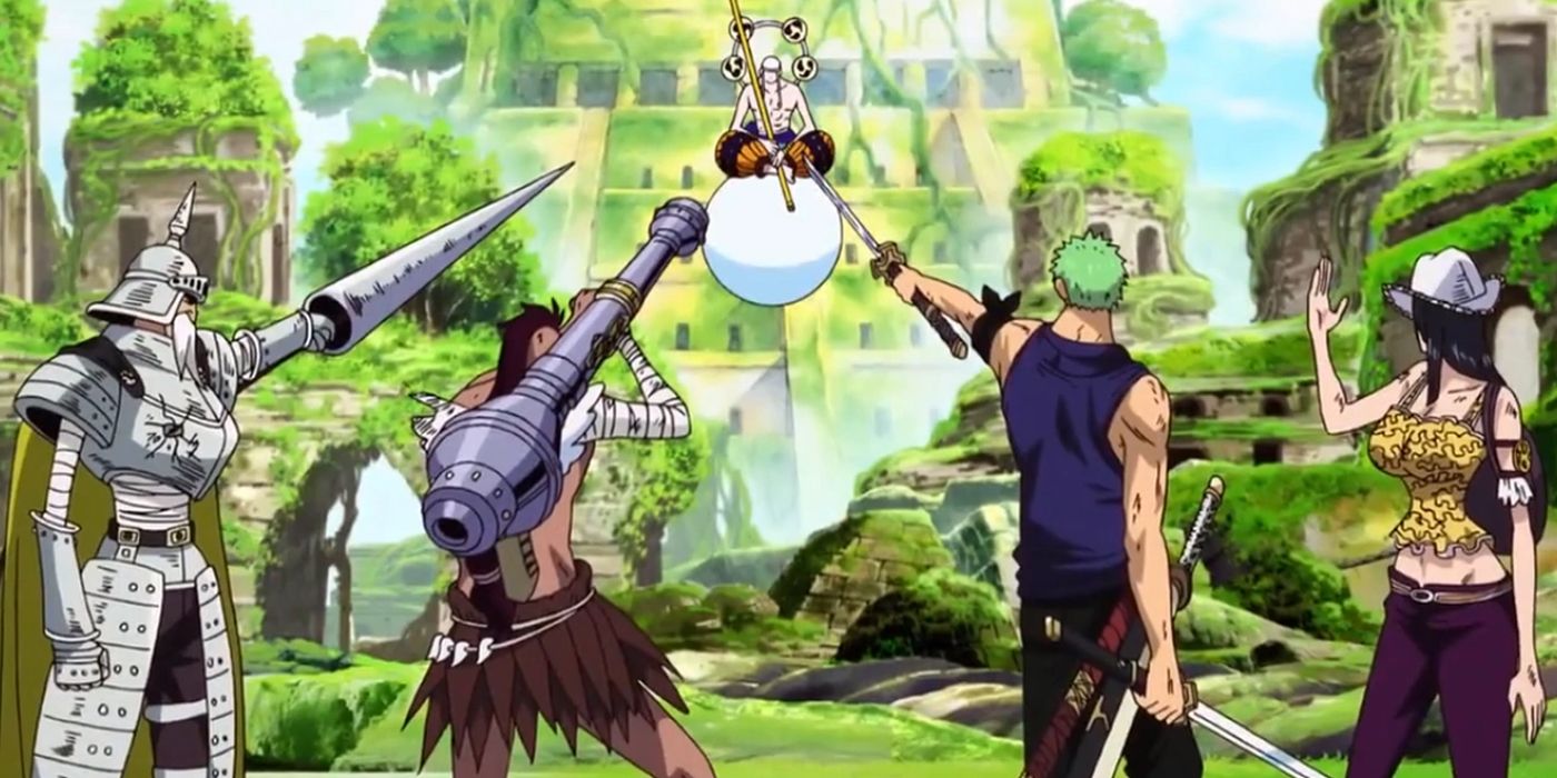 Zoro, Robin e seus aliados do Skypeia miram em Enel enquanto ele flutua no ar em One Piece