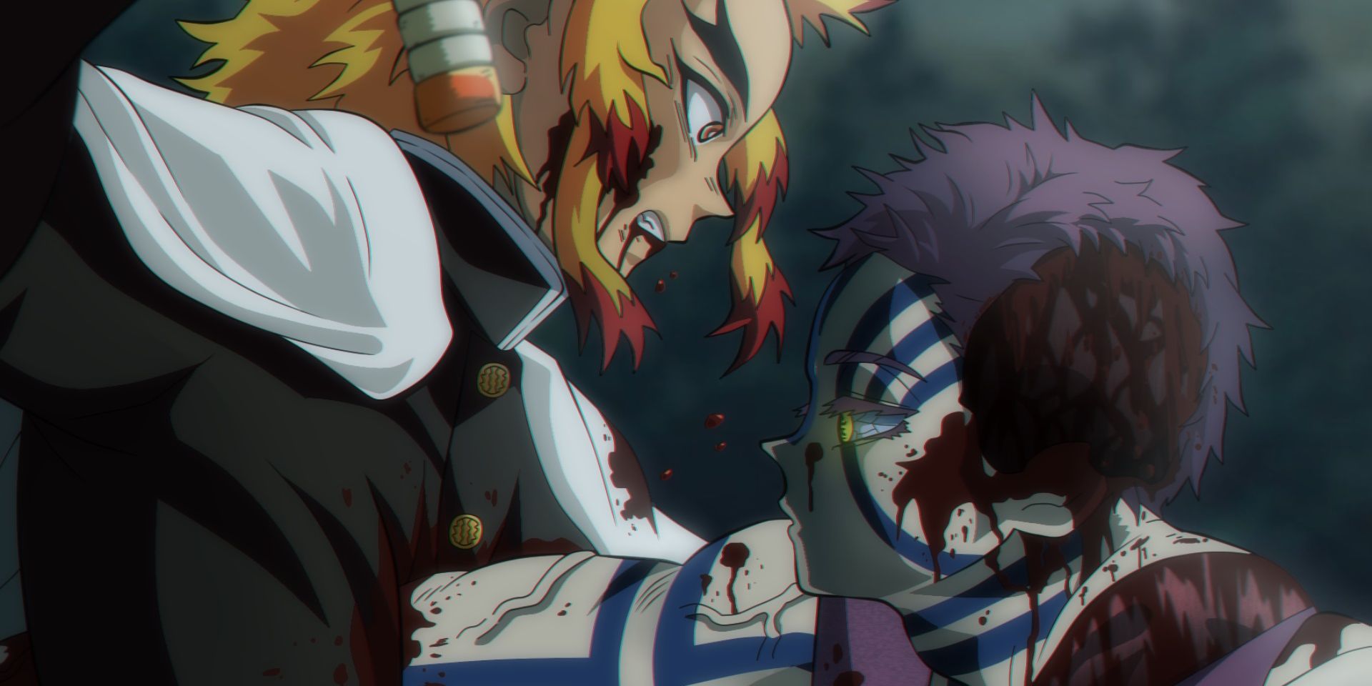 Kyojuro Rengoku and Demon Akaza engage in the fight in Demon Slayer: Kimetsu No Yaiba.