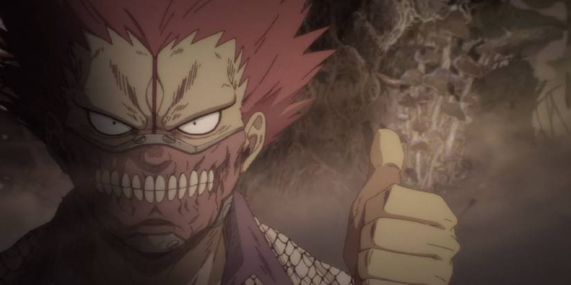 Le personnage de Dorohedoro saison 1 lève le pouce dans un décor enfumé