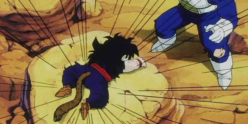 Vegeta freaks out over Gohan's tail in Dragon Ball Z.