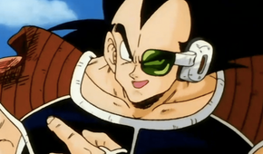 Raditz from Dragon Ball Z pointing to his left at his damaged shoulder