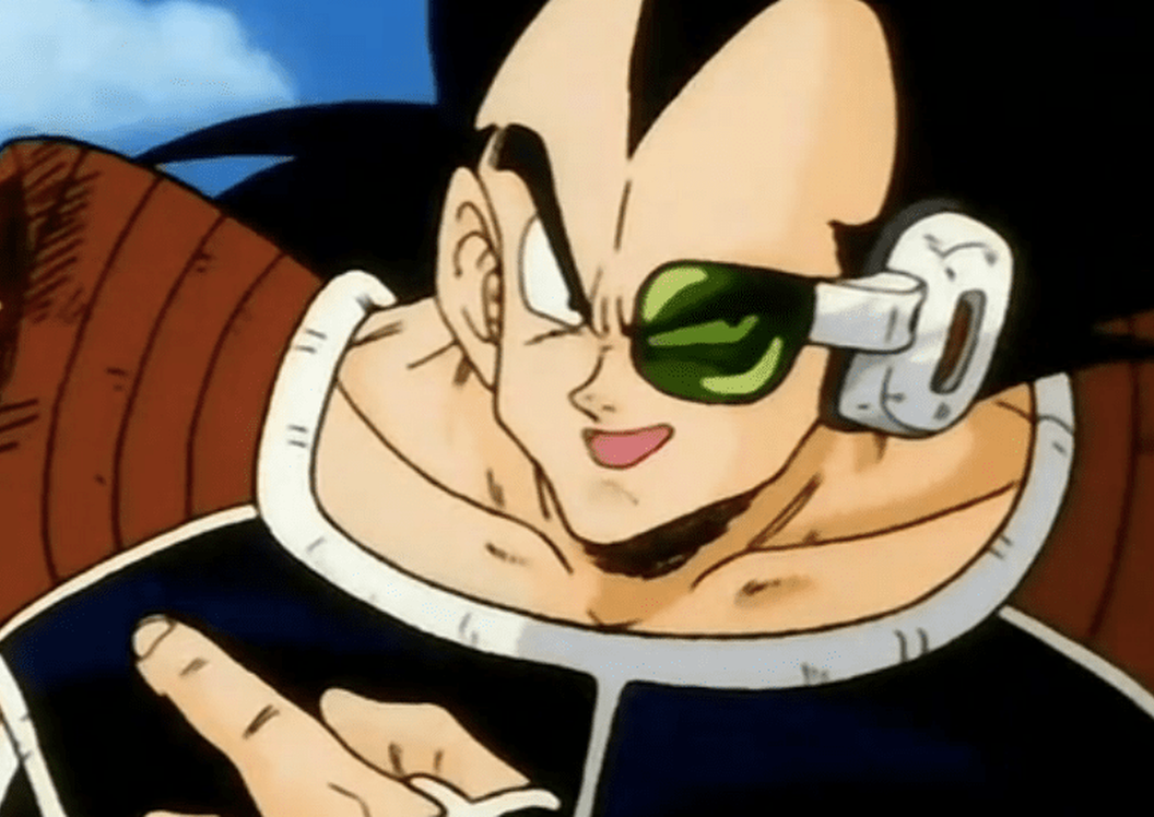 Raditz from Dragon Ball Z pointing to his left at his damaged shoulder