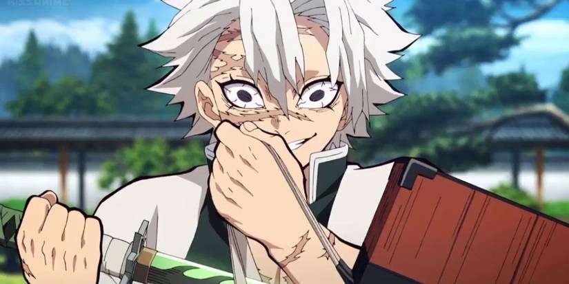 Sanemi Shinazugawa holds a sword with one hand over his mouth.