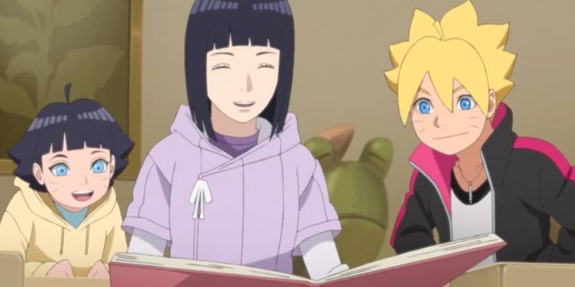 Hinata looking at a book with Himawari and Boruto (Boruto)