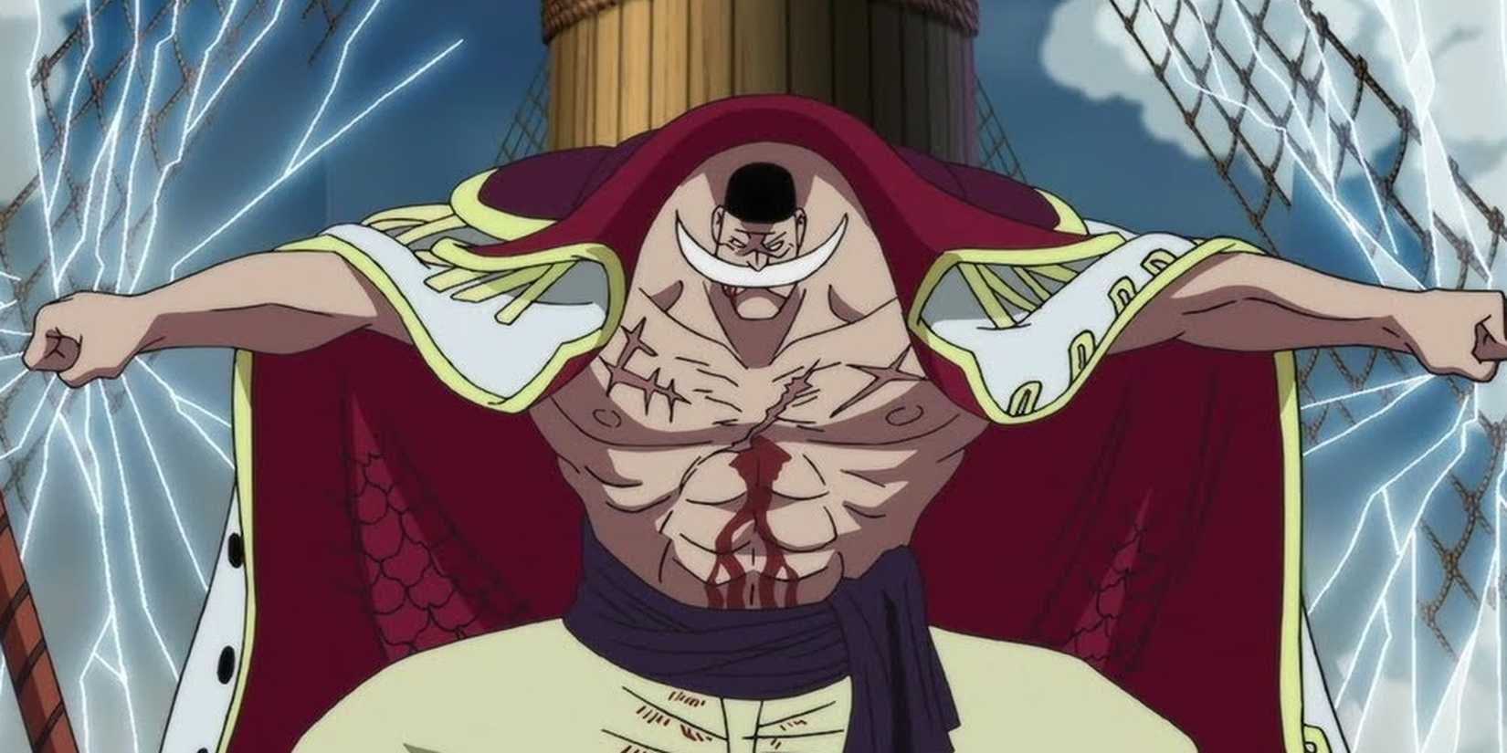 Captain Whitebeard is extending his arms to activate the Gura Gura no Mi during the Marineford Arc in One Piece.