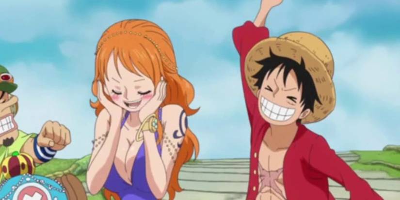 Nami blushes as Luffy grins behind her in One Piece during Zou Arc