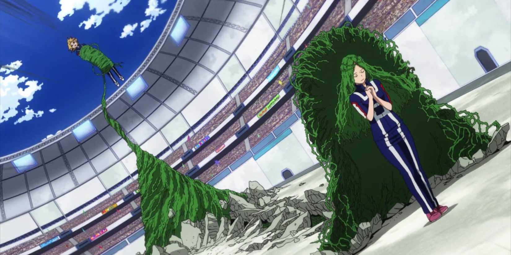 Ibara Shiozaki activates her Vines Quirk during Sports Festival in My Hero Academia.