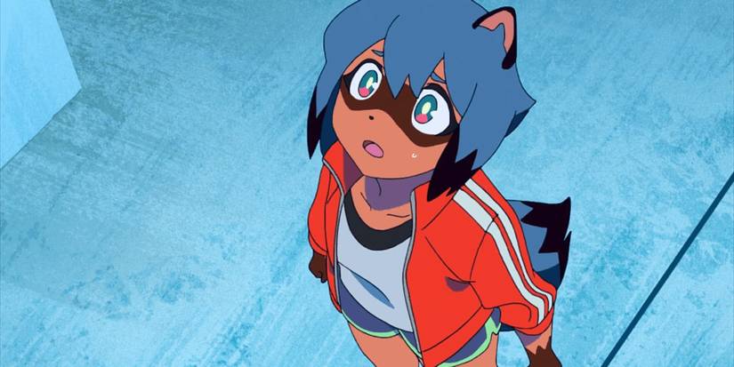 Michiru in a red track outfit from above looks upward hopefully in BNA: Brand New Animal