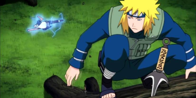 Minato Namikaze uses the Flying Thunder God Jutsu to dodge the 4th Raikage in Naruto: Shippuden.