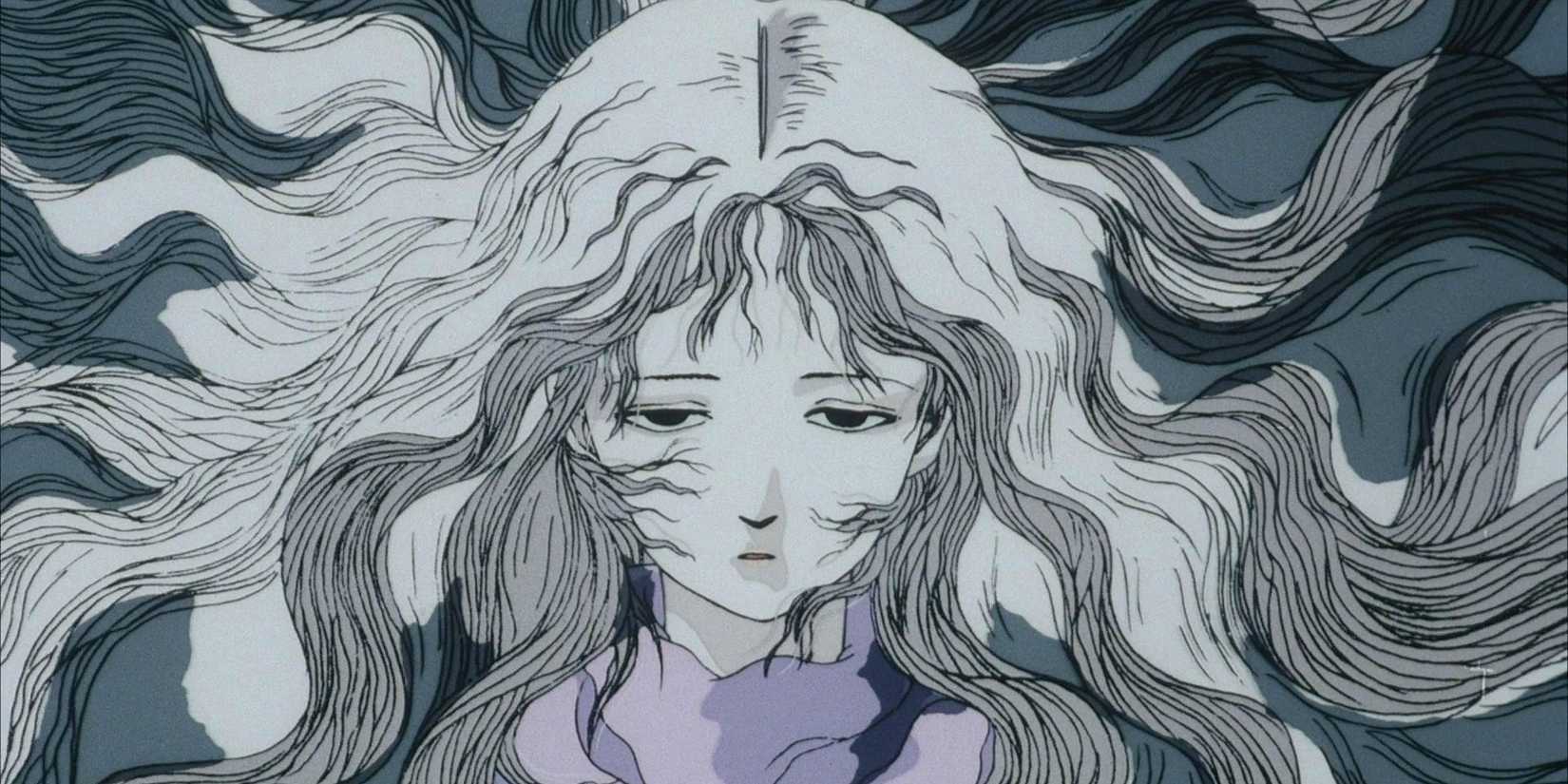 A young girl lies down, her hair spreading out, in Angel's Egg.