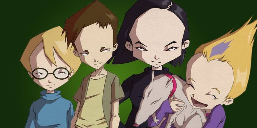 Jeremie, Ulrich, Yumi, Kiwi the dog, and Odd pose together from Code Lyoko.
