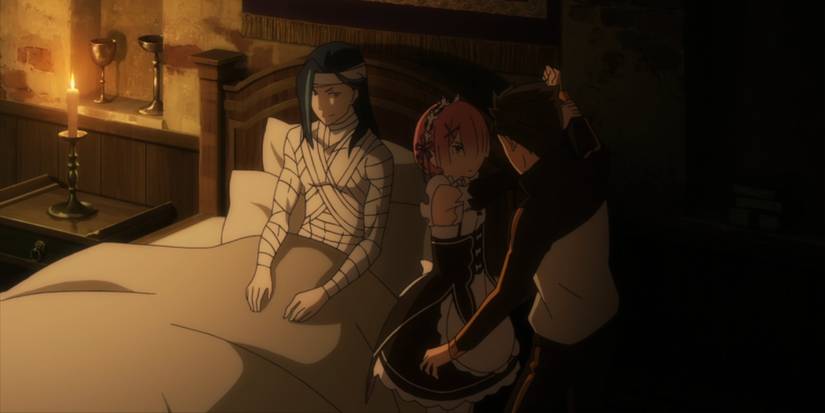 Ram stopping Subaru from getting closer to Roswaal in Re:Zero.