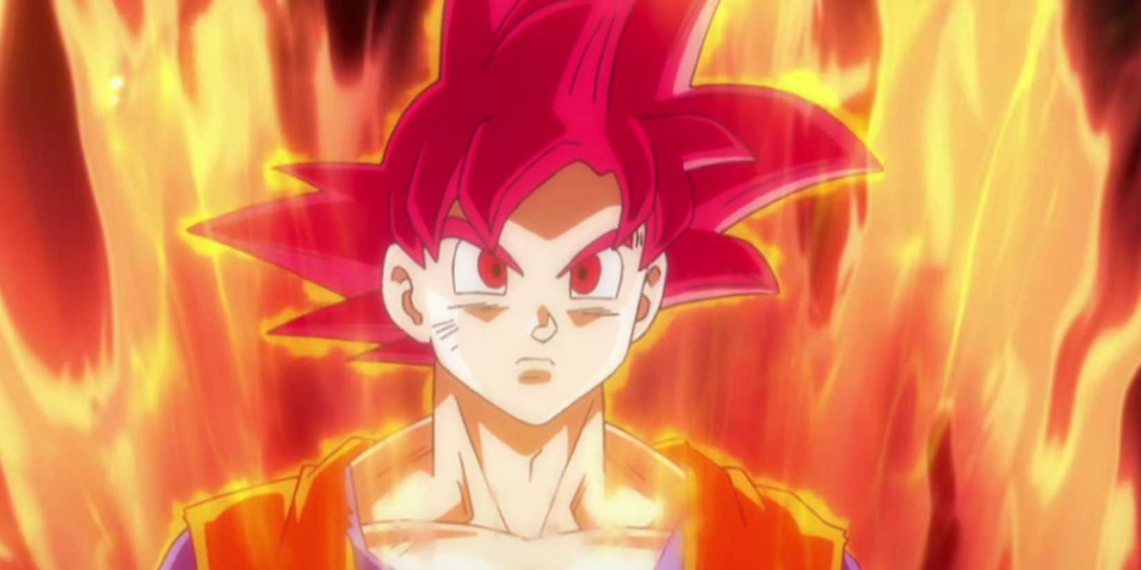 Super Saiyan God Goku faces Beerus in Dragon Ball Super.