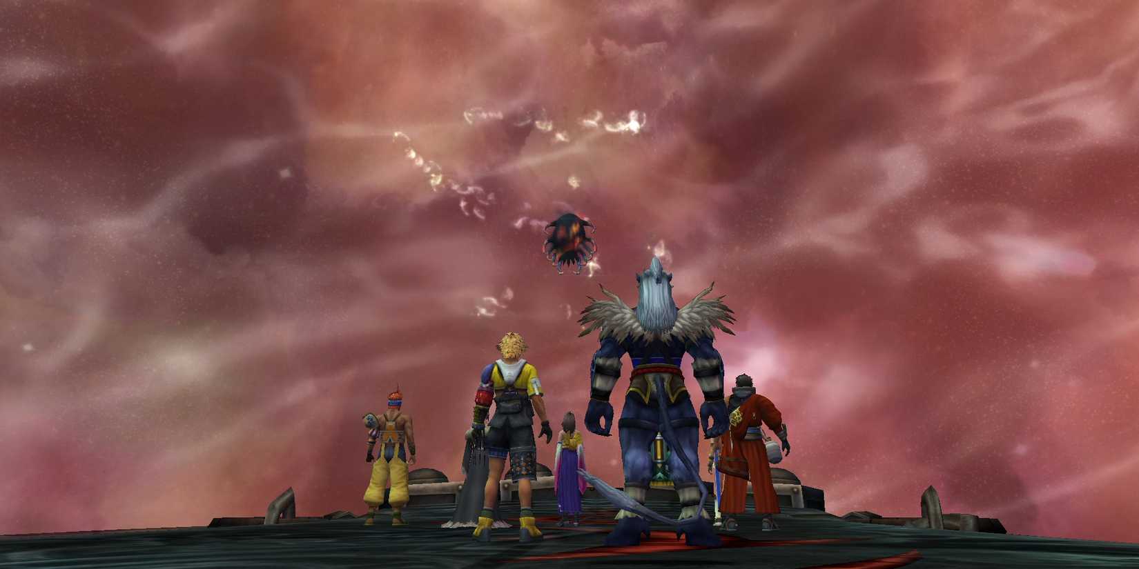 The main party of FFX looking up at the figure in the sky.
