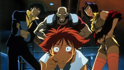 Edward is looking at the camera curiously while Jet Black, Spike Spiegel and Faye Valentine glare at her in Cowboy Bebop.