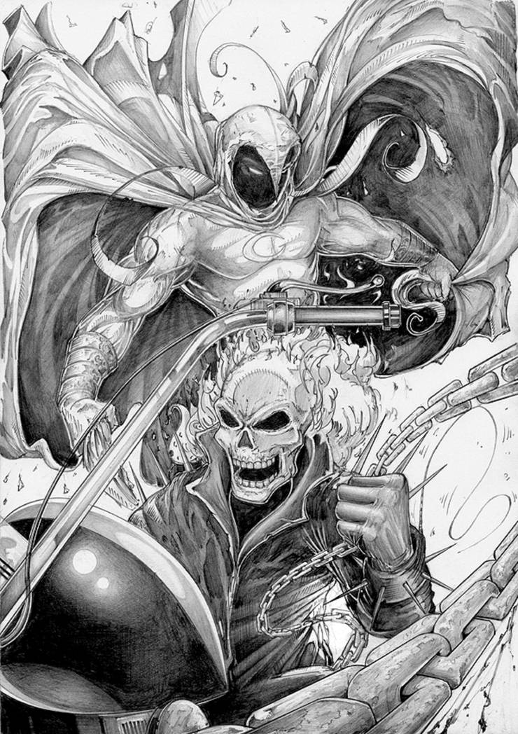 moon knight battling ghost rider Carl Riley Art fan art